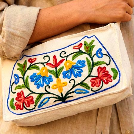 Kashmiri Floral Vine Embroidered Canvas & Wool Crossbody Bag